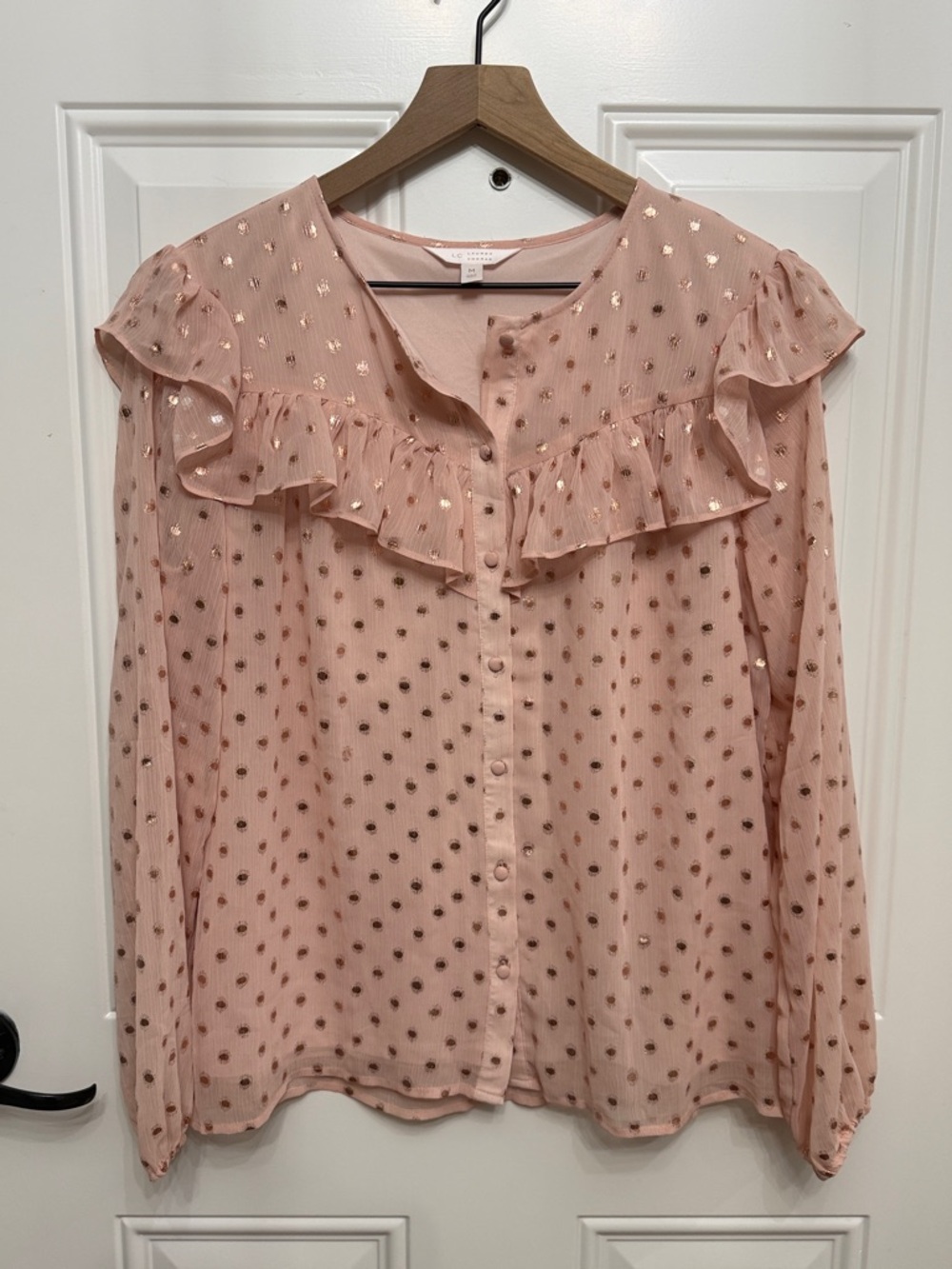 LC Lauren Conrad Blush Pink Ruffle Button-Front Blouse with Gold Dots